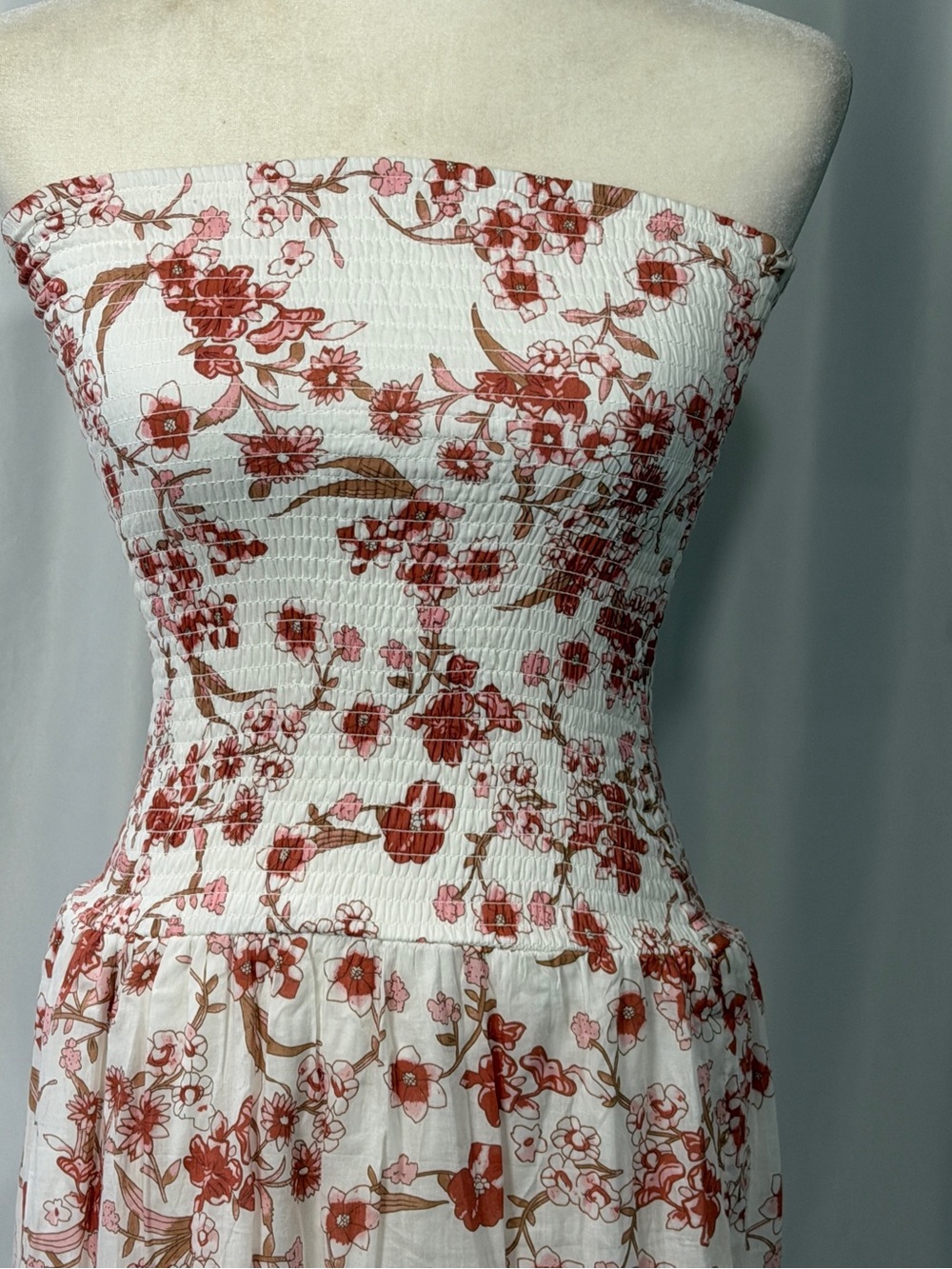 Meadow Rhodes Floral Smocked Strapless Tiered Maxi Dress White Red Orange Sz L - Picture 2 of 10